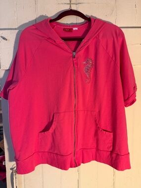 Tape Measure Fuchsia Pink Short Sleeve Zip up hoodie Seahorse Rhinestone sz 2X